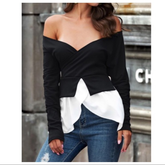 ShopEvelynne Tops - BLACK WITH WHITE CONTRAST OFF THE SHOULDER TOP